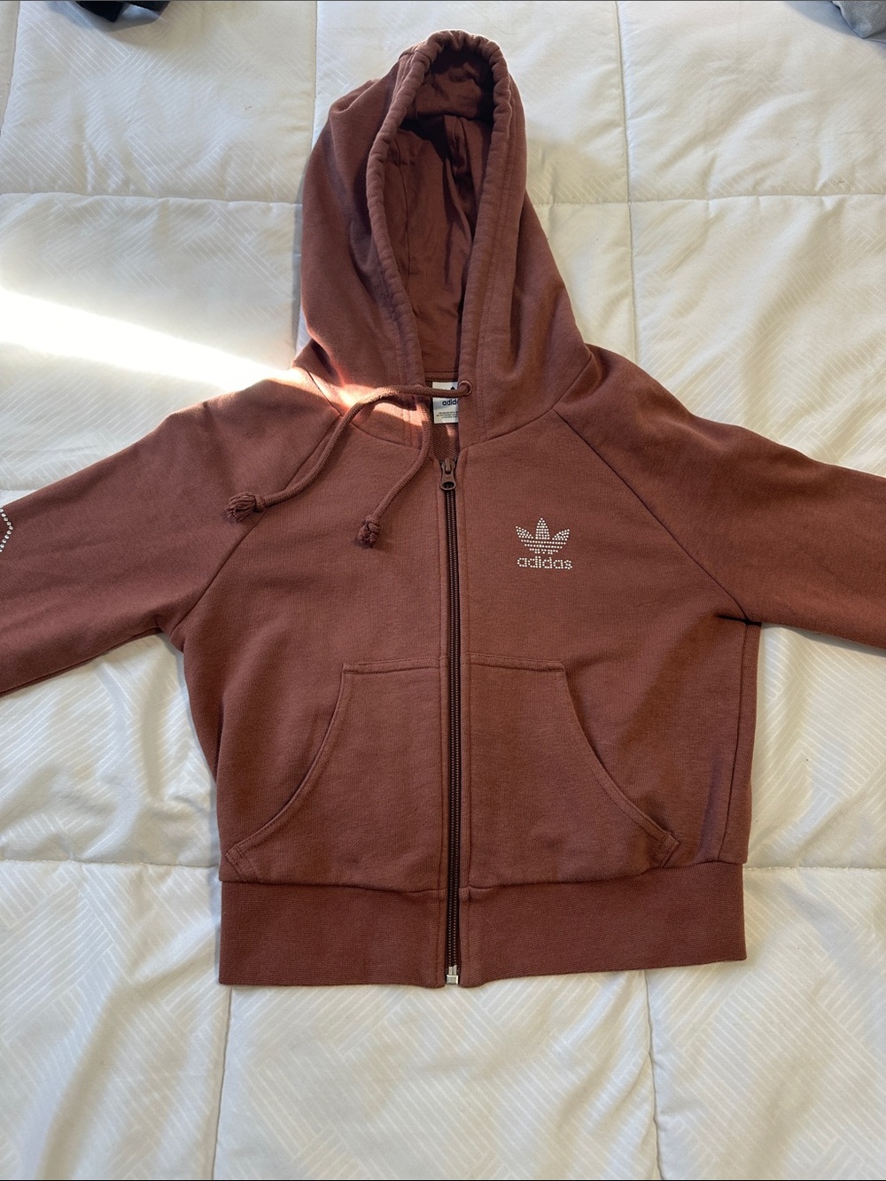 adidas Rust Brown Full-Zip Hooded Sweatshirt with rhinestone